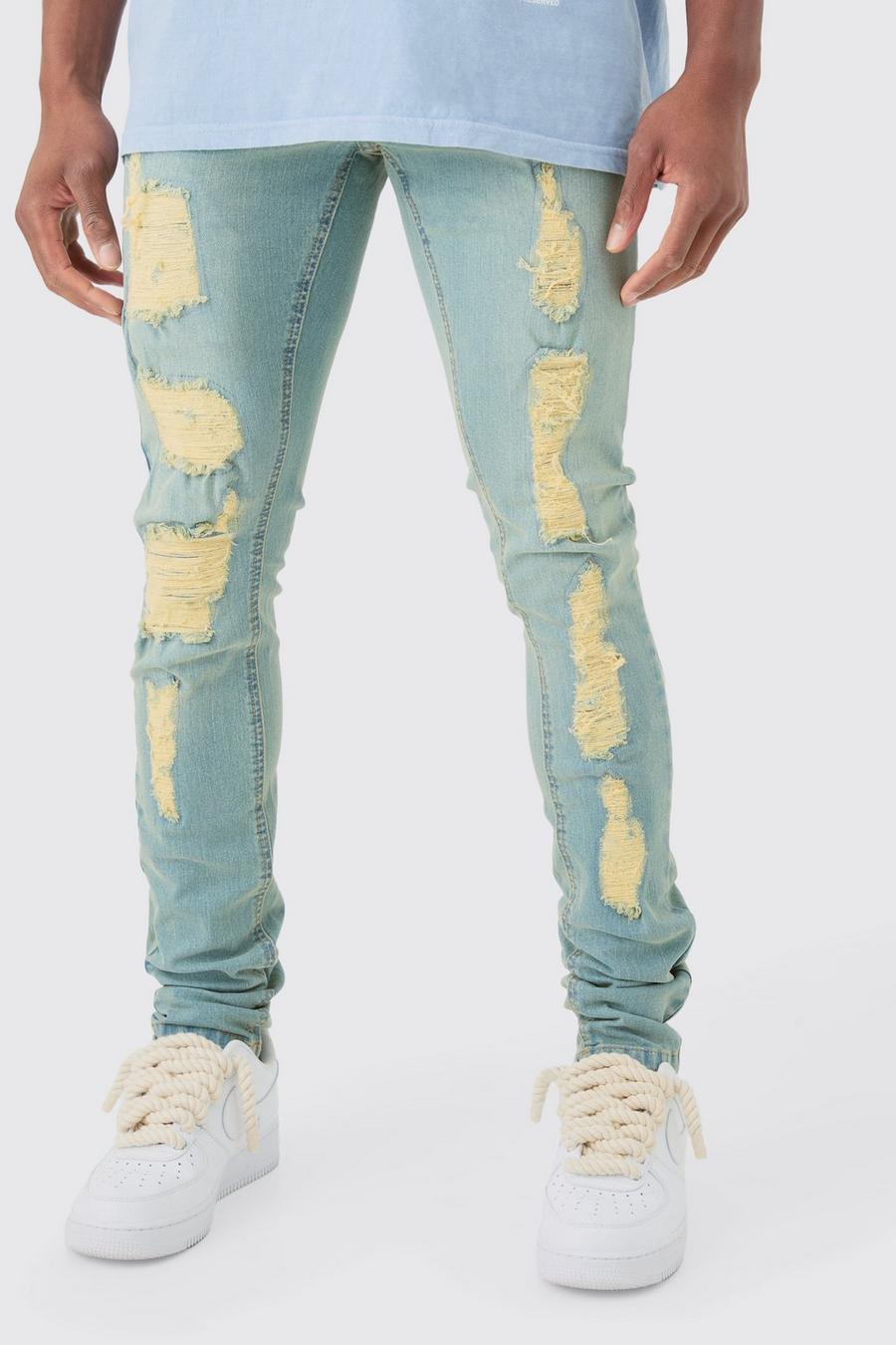 Jeans Skinny Fit strappati con pieghe sul fondo e smagliature, Antique blue