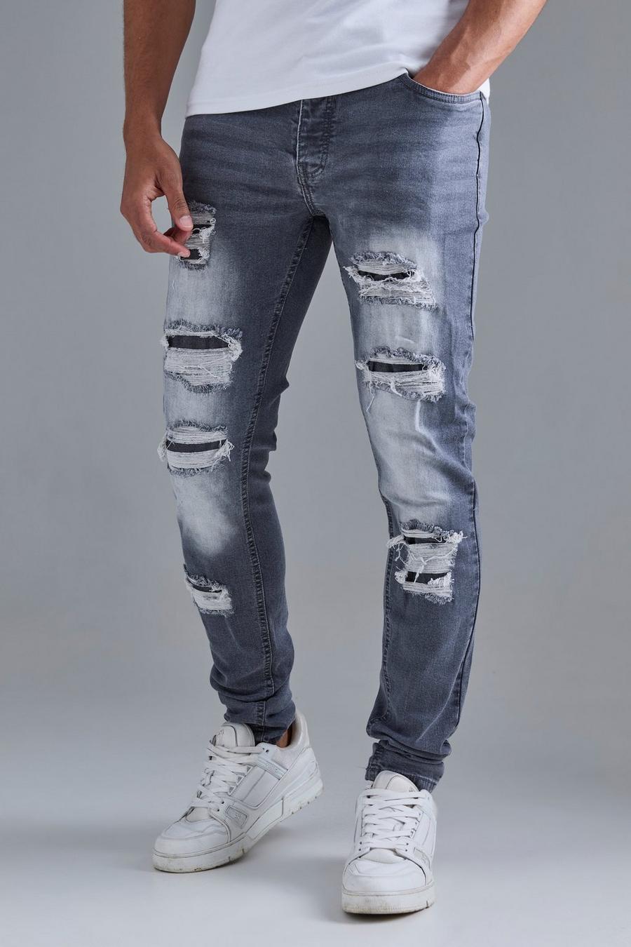 Skinny Stacked Distressed Ripped Jeans In Grey