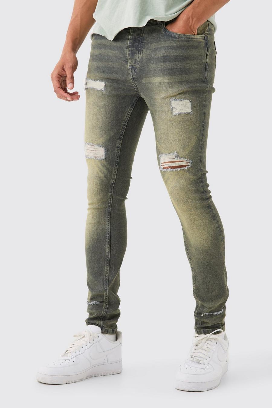 Zerrissene Super Skinny Stretch Jeans in Antik-Grau, Grey image number 1
