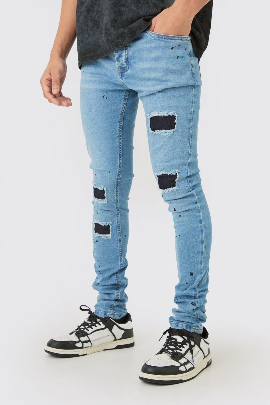 Jeans azzurri Super Skinny Fit elasticizzati con strappi & rattoppi e pieghe sul fondo, Light blue