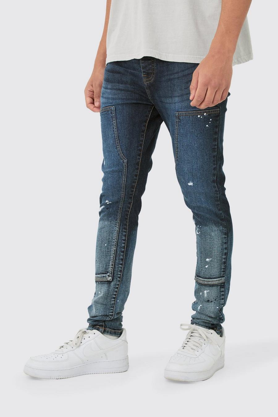Jeans Super Skinny Fit Stretch stile Carpenter con schizzi di colore blu sfumato, Blue