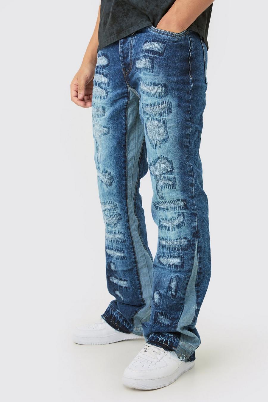 Jeans a zampa Slim Fit in denim rigido con strappi all over e rattoppi in indaco, Indigo image number 1