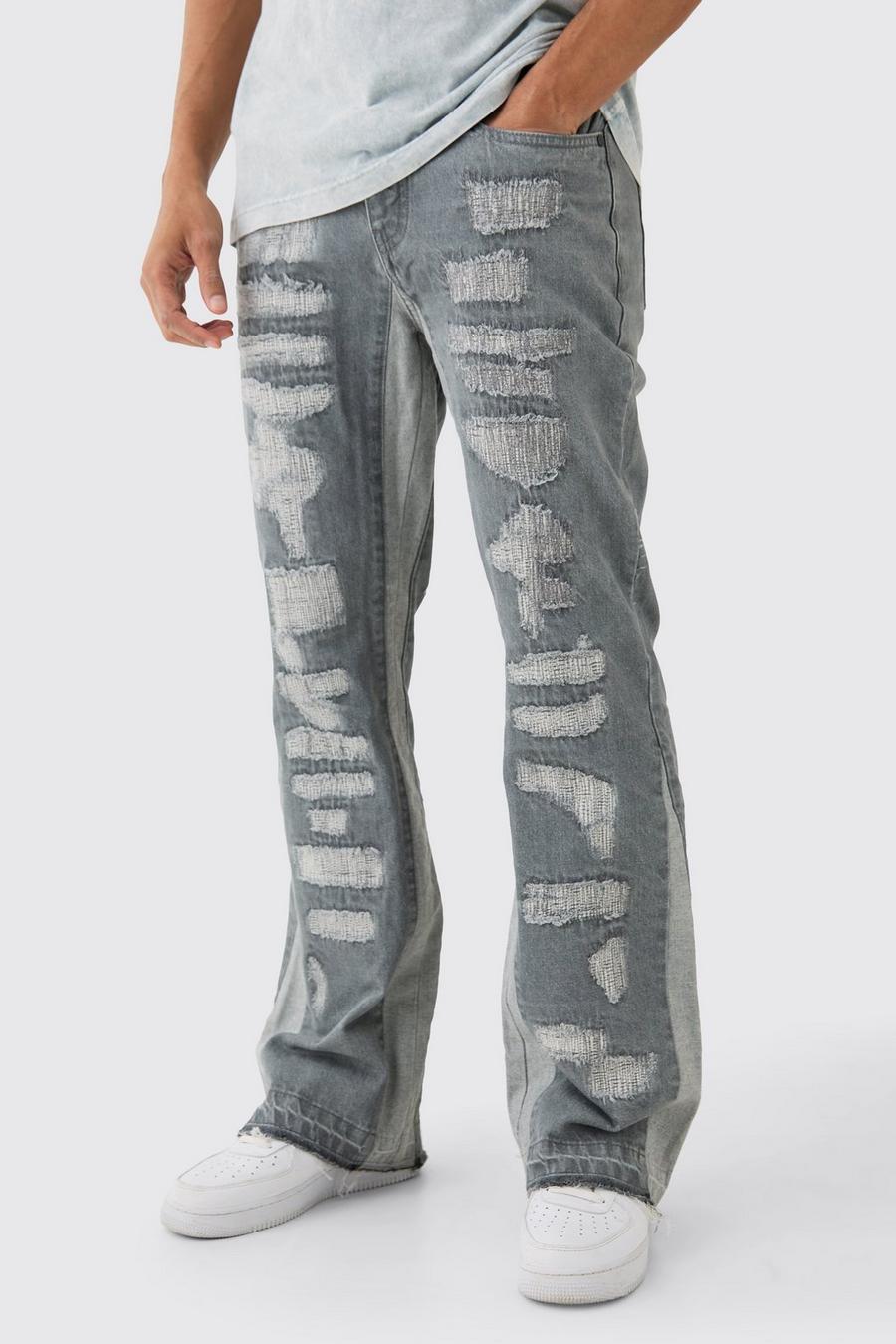 Jeans a zampa Slim Fit in denim rigido con strappi & rattoppi all over in grigio antico, Grey