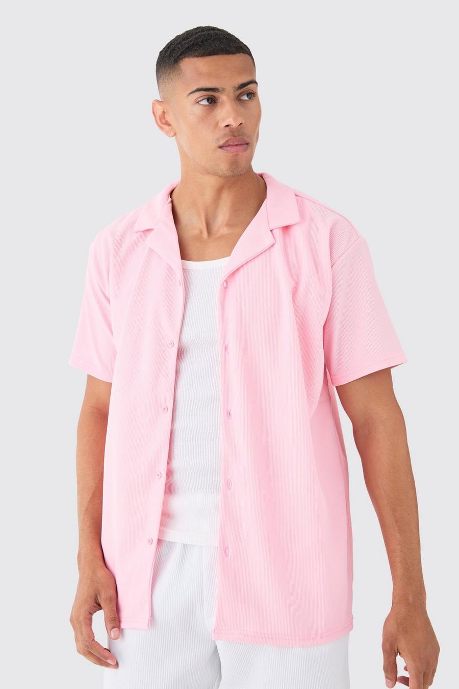 Kurzärmliges geripptes Oversize Hemd, Pale pink