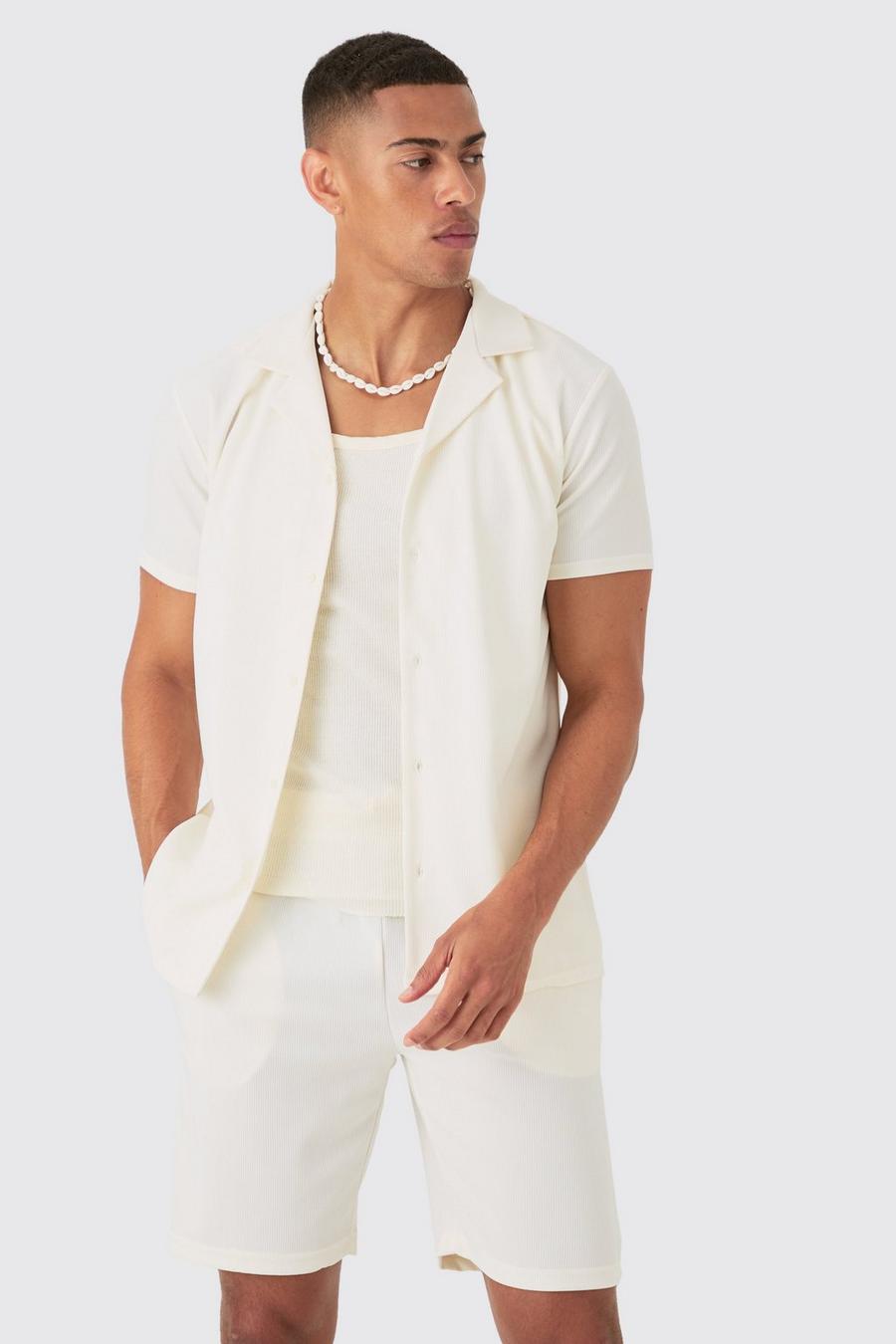 White Geribbeld Overhemd Met Korte Mouwen image number 1