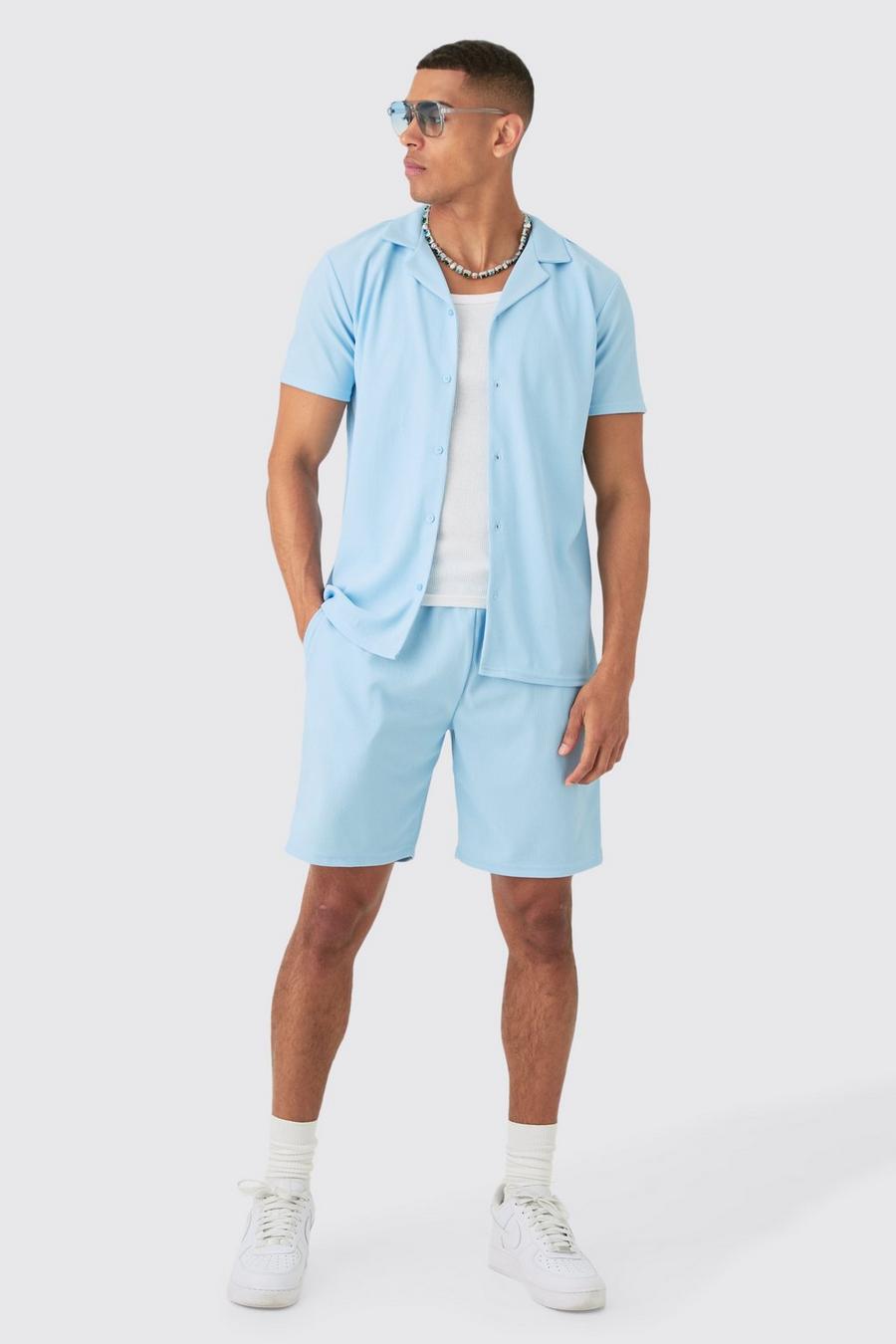 Light blue Kortärmad ribbad skjorta & shorts image number 1