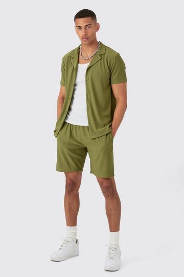 Khaki Regular Fit Short Sleeve Ribbed Shirt & Short Set