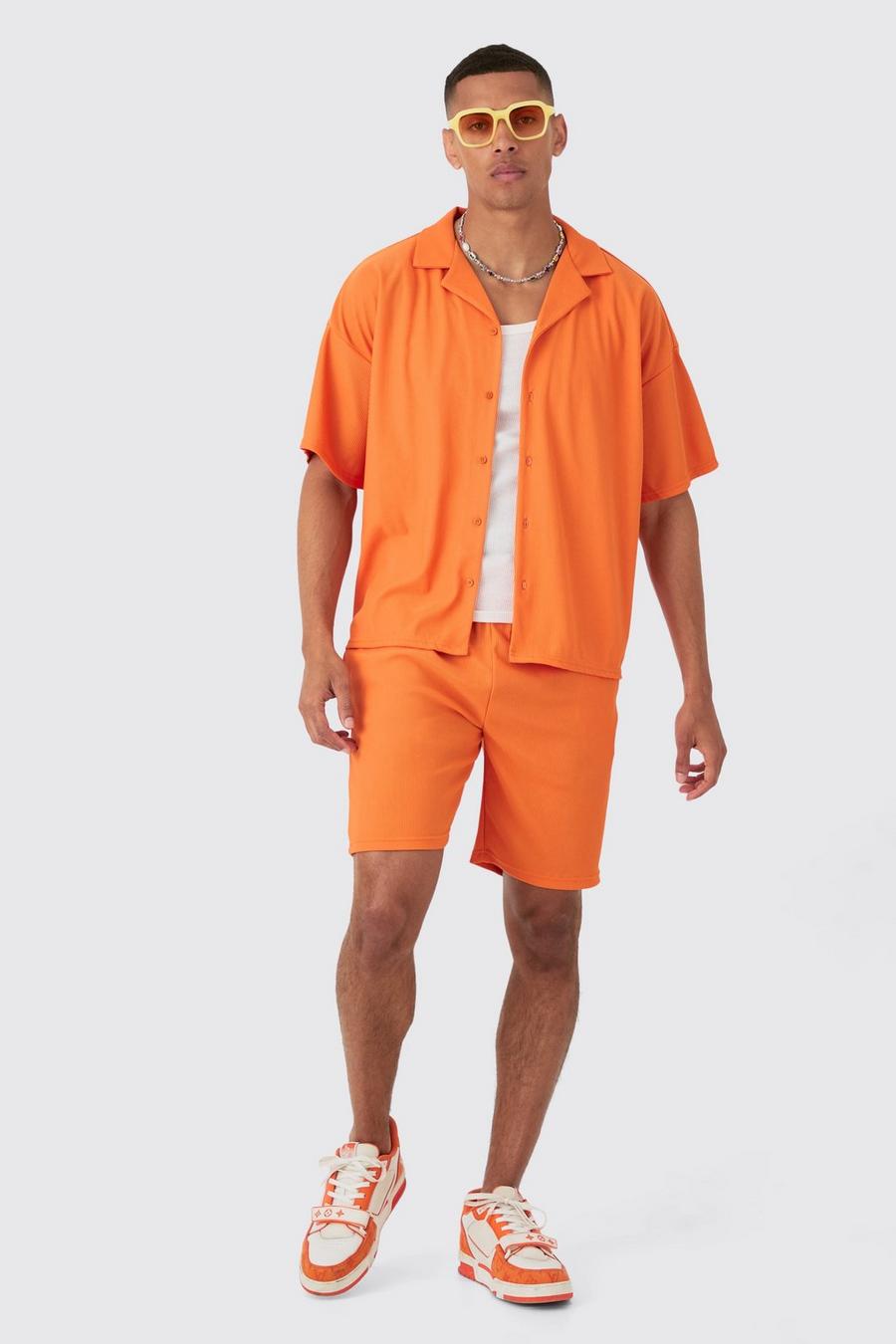Orange Kortärmad ribbad skjorta & shorts