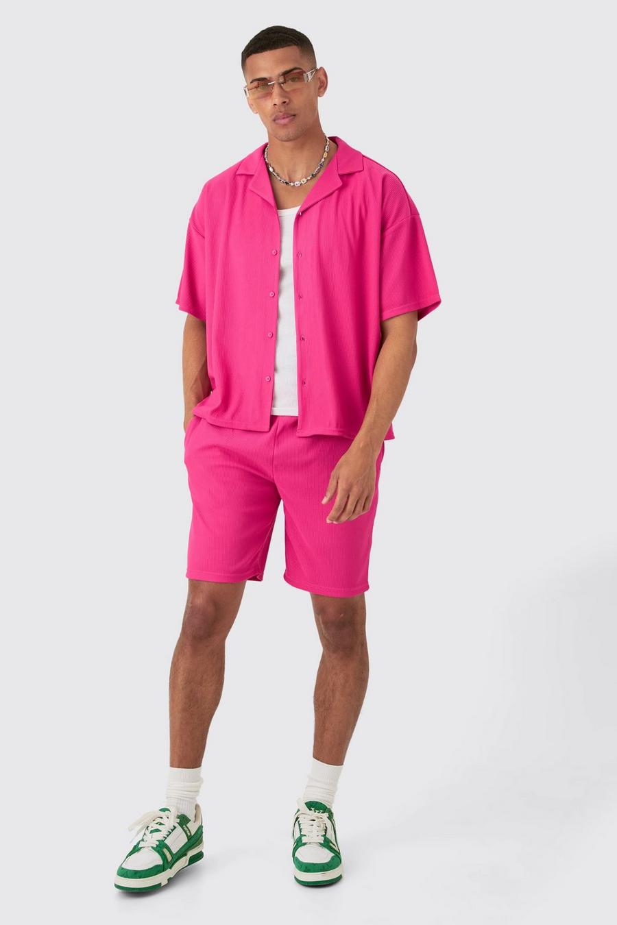 Ensemble côtelé à manches courtes avec chemise oversize et short, Hot pink