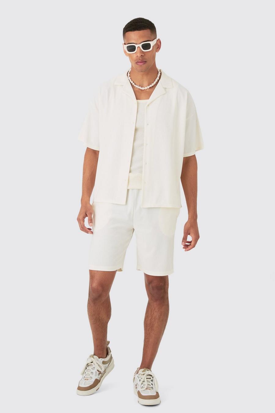 White Short Sleeve Ribbed Boxy Shirt & Short Set