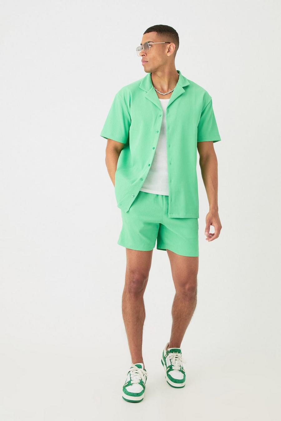 Green Short Sleeve Oversized Lightweight Pleat Shirt & Short Set 