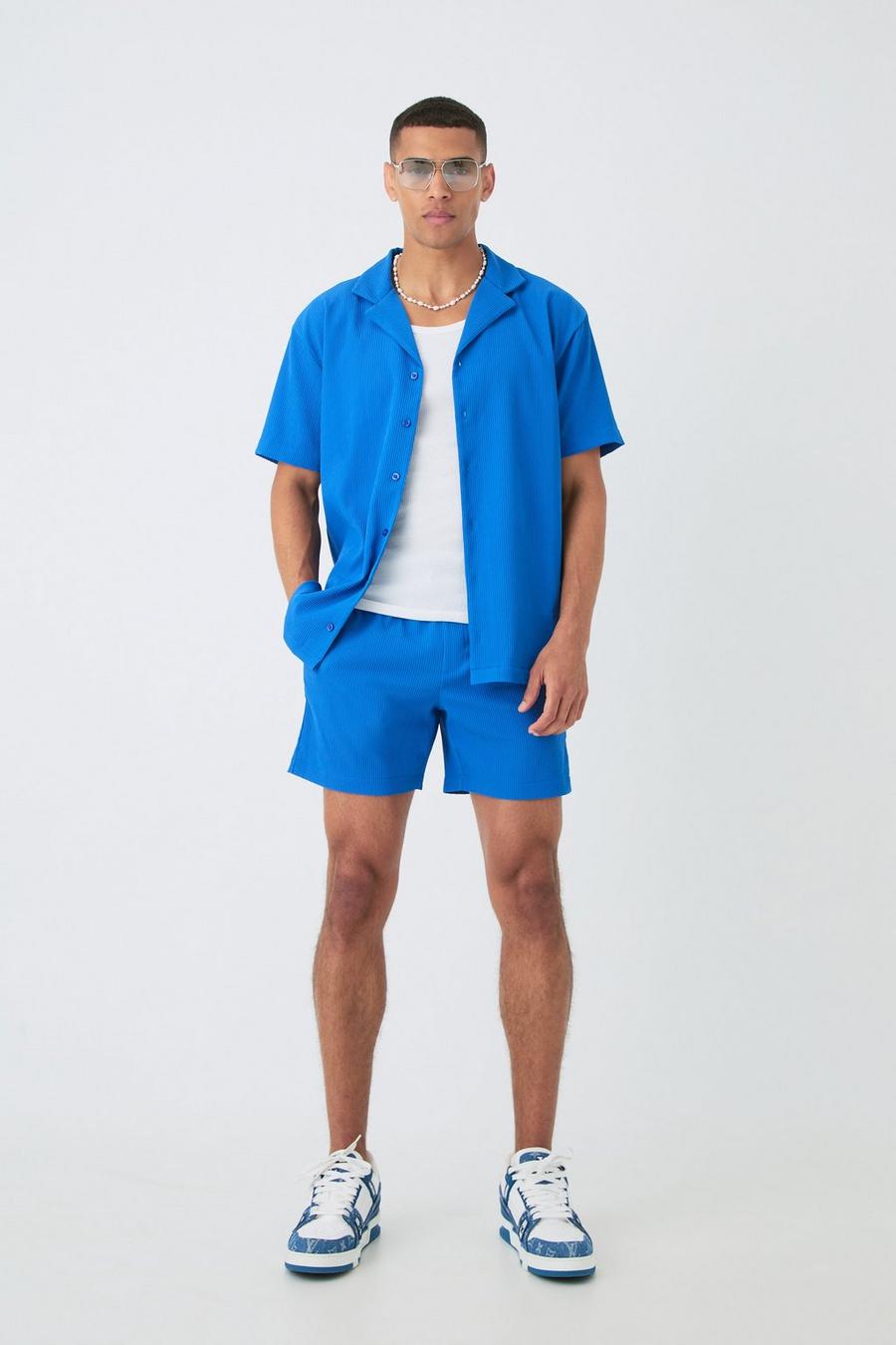 Blue Short Sleeve Oversized Lightweight Pleat Shirt & Short Set image number 1