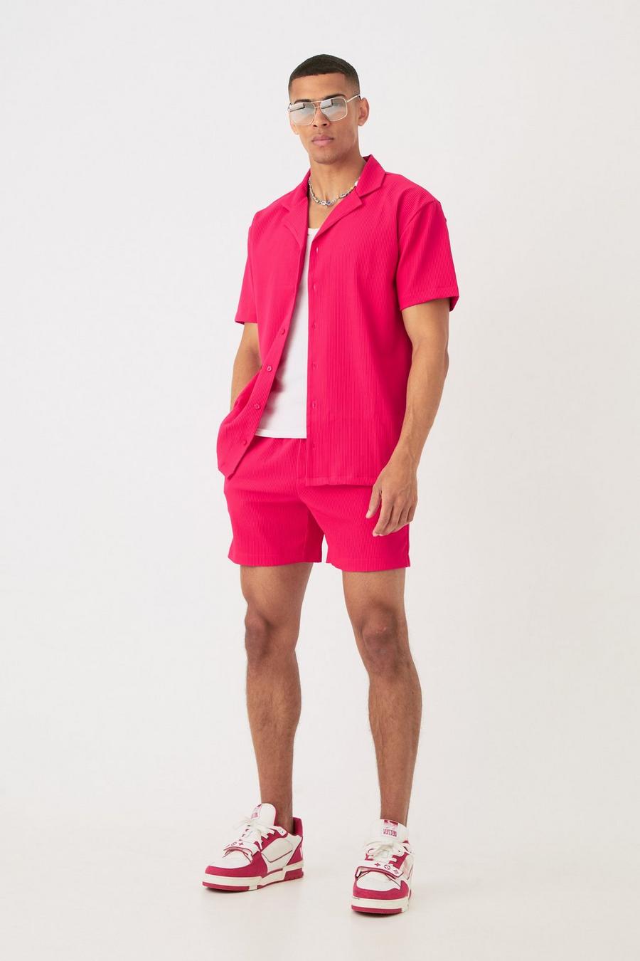 Pink Short Sleeve Oversized Lightweight Pleat Shirt & Short Set image number 1
