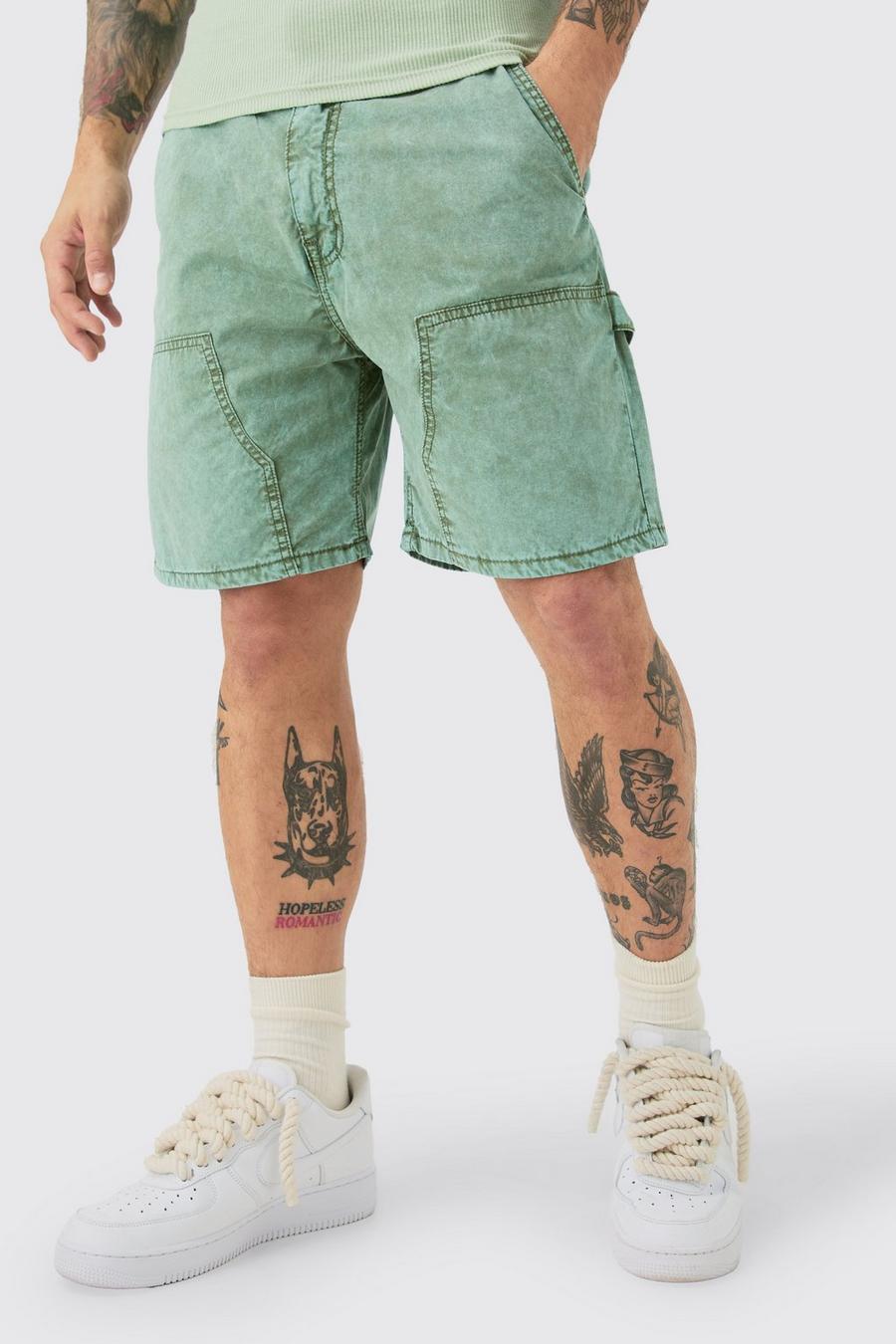 Green Fixed Waist Relaxed Washed Carpenter Short
