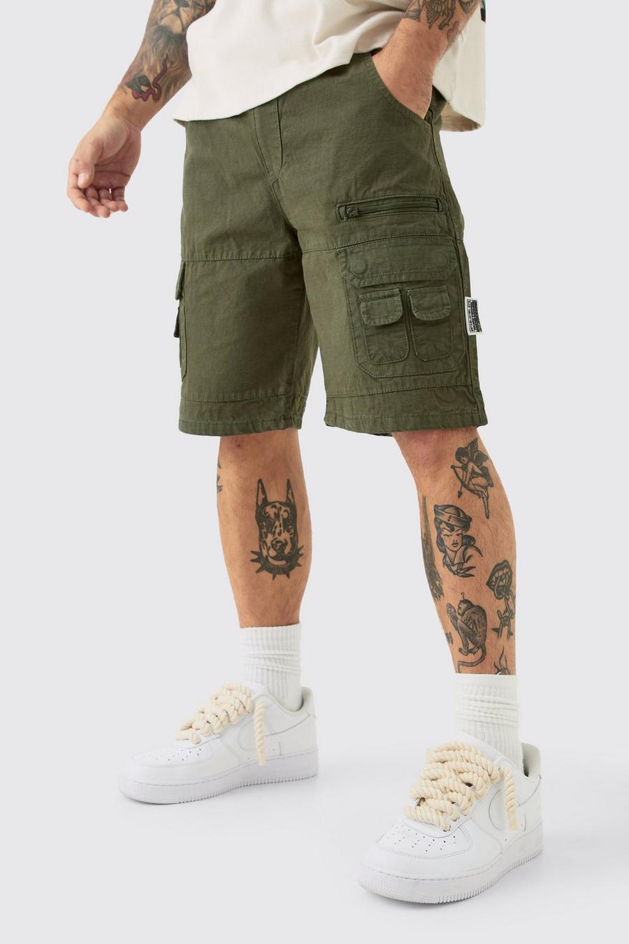 Khaki Ribfluwelen Cargo Shorts Met Elastische Taille En Touwtjes