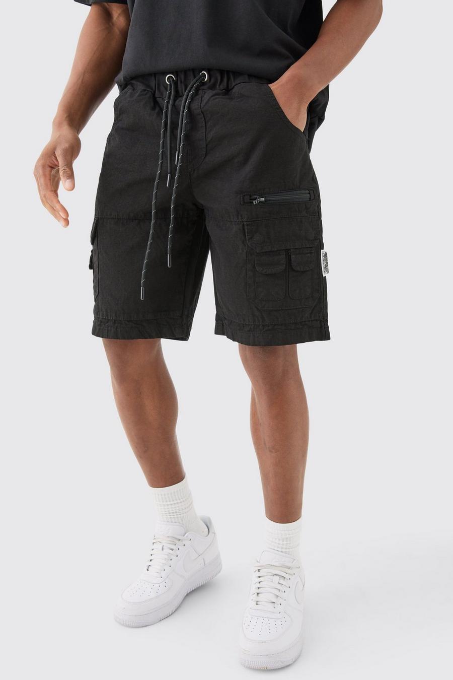 Pantaloncini Cargo in nylon ripstop elasticizzati in vita, Black