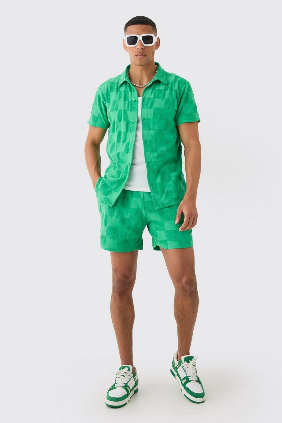 Towelling Checkerboard Shirt & Short Set, Green