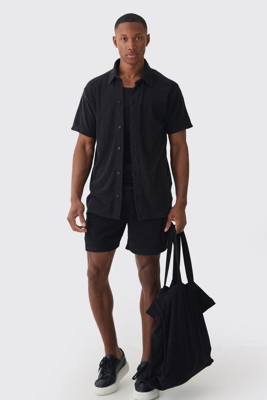 Black Towelling 3 Piece Shirt, Short & Tote Set   image number 1