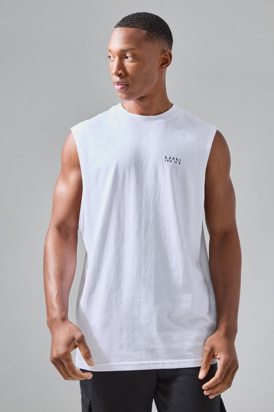 Camiseta sin mangas MAN Active de tela jersey con sisa ancha y escote pronunciado, White