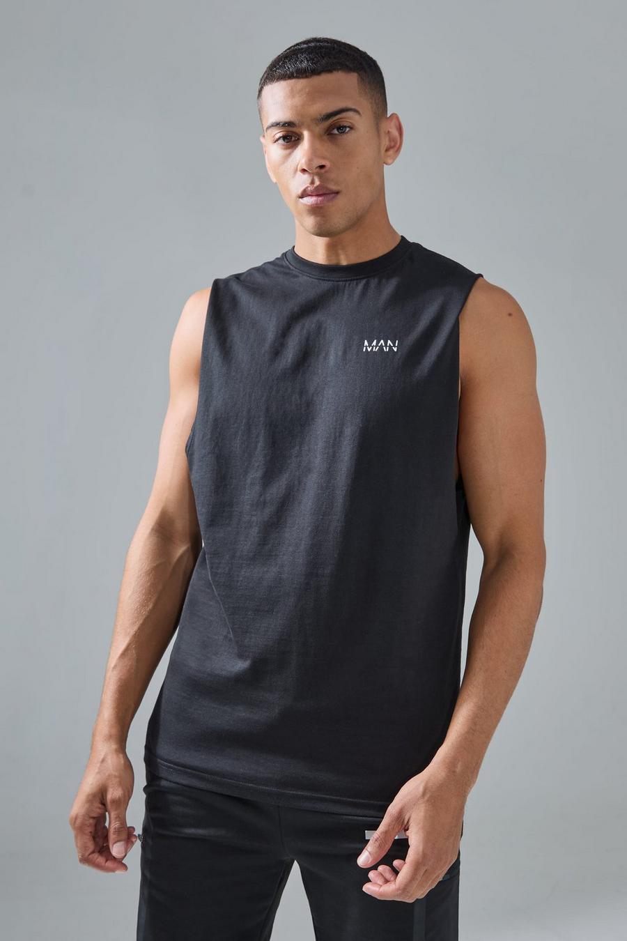 Camiseta sin mangas MAN Active de tela jersey con sisa ancha y escote pronunciado, Black