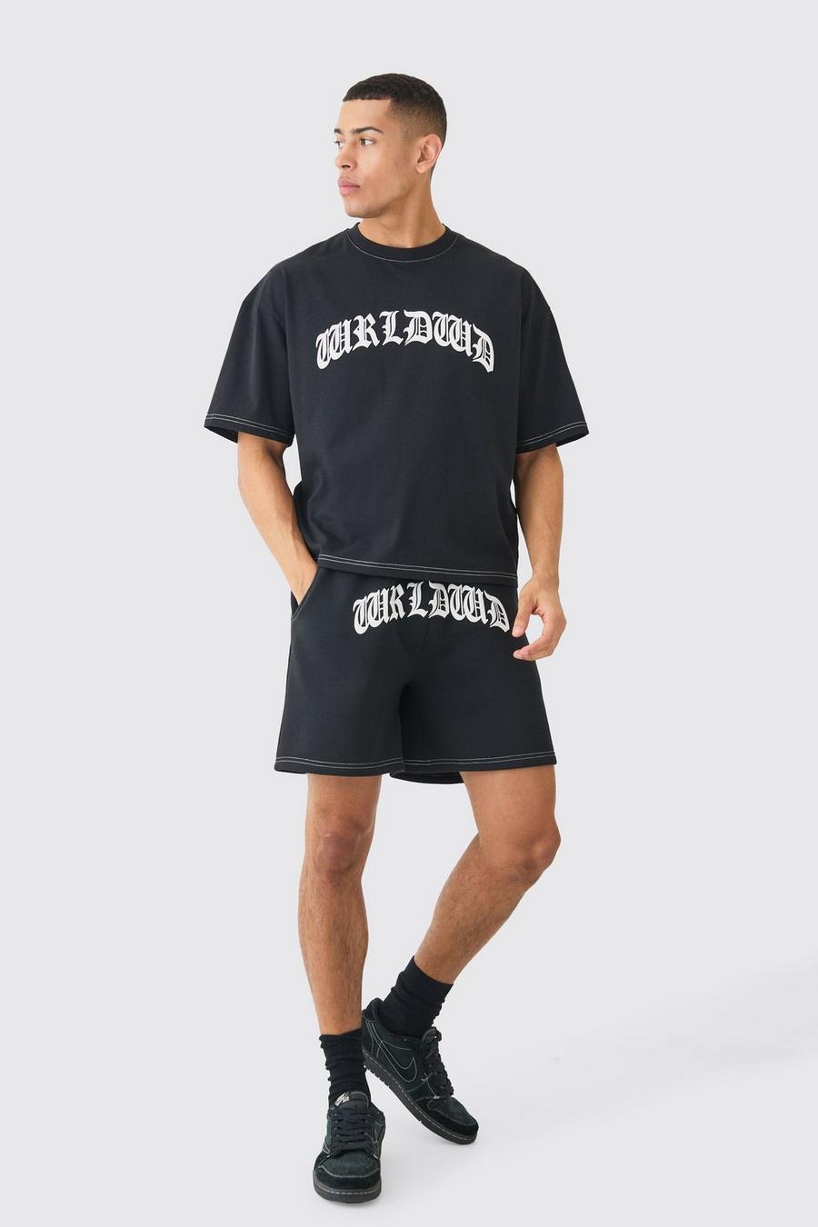 Black Oversized Boxy T-Shirt Met Contrasterende Stiksels, Reliëf En Shorts Set image number 1