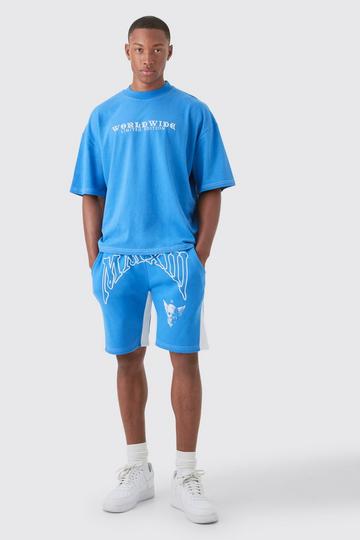 Oversized Boxy Contrast Stitch Embroidered T-shirt & Short Set blue