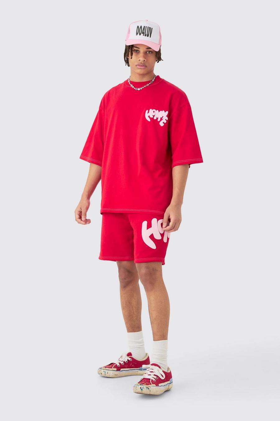 Red Oversized Contrast Stitch Puff Print Half Sleeve T-shirt & Short Set