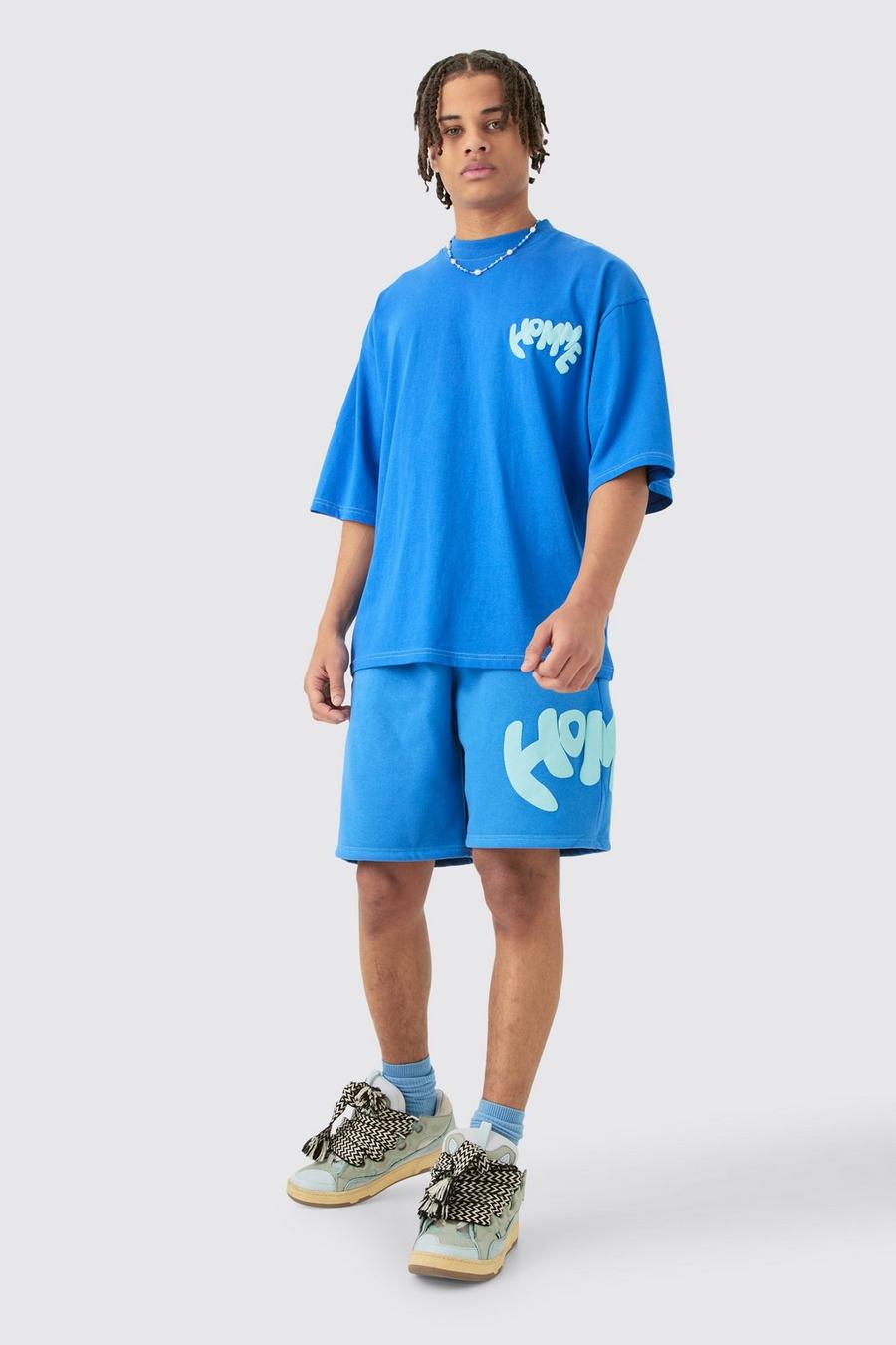 Blue Oversized Contrast Stitch Puff Print Half Sleeve T-shirt & Short Set