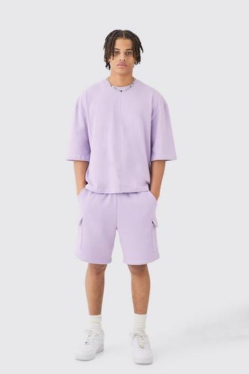 Lilac Purple Oversized Boxy Contrast Stitch Half Sleeve Tshirt & Cargo Set