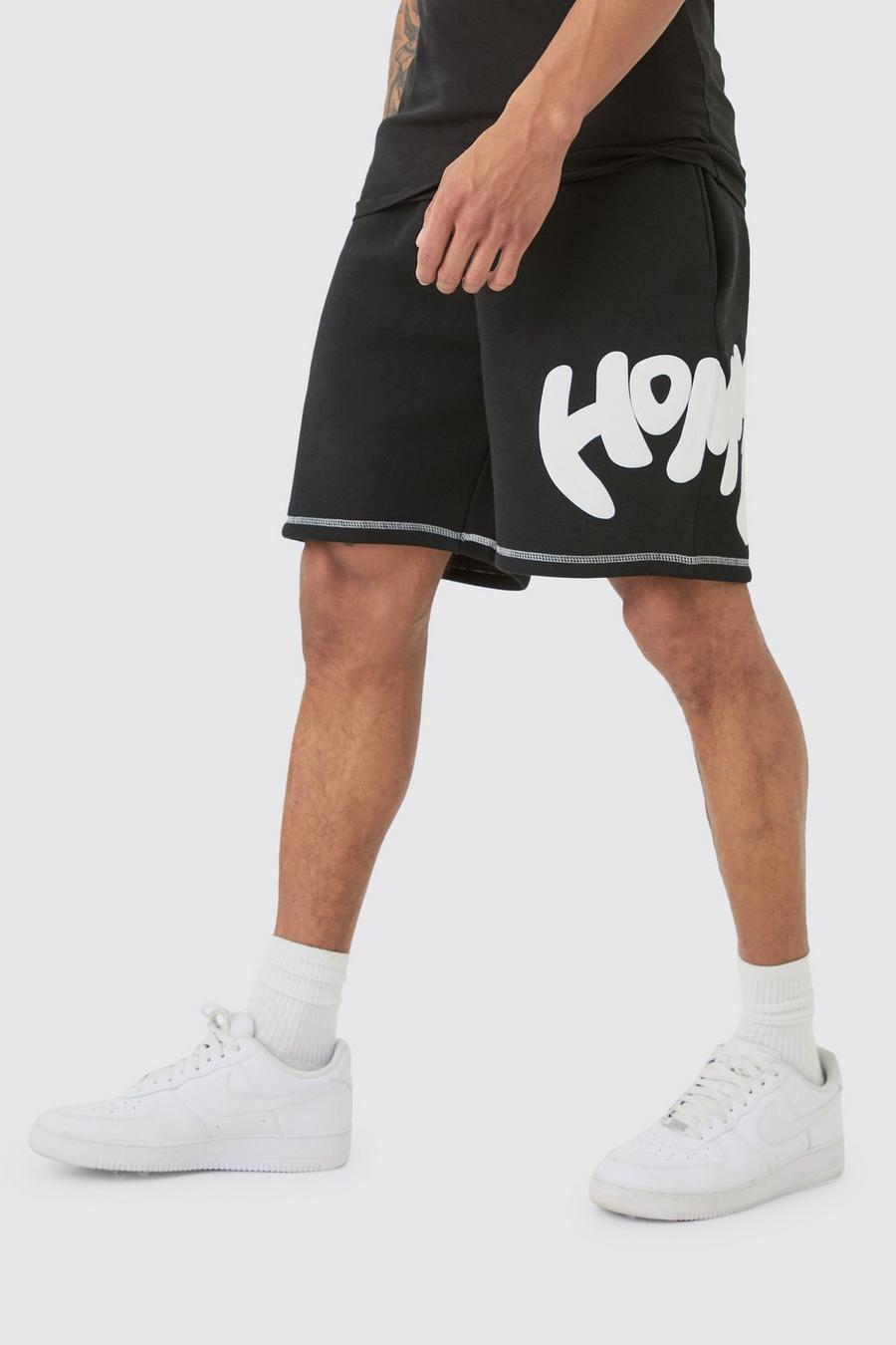 Black Relaxed Homme Contrast Stitch Puff Print Shorts
