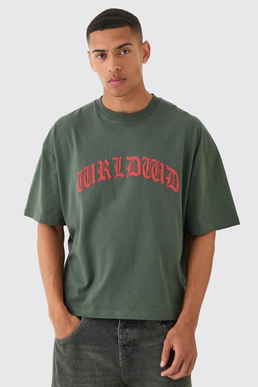 Kastiges Oversize Worldwide T-Shirt mit Kontrast-Naht, Khaki