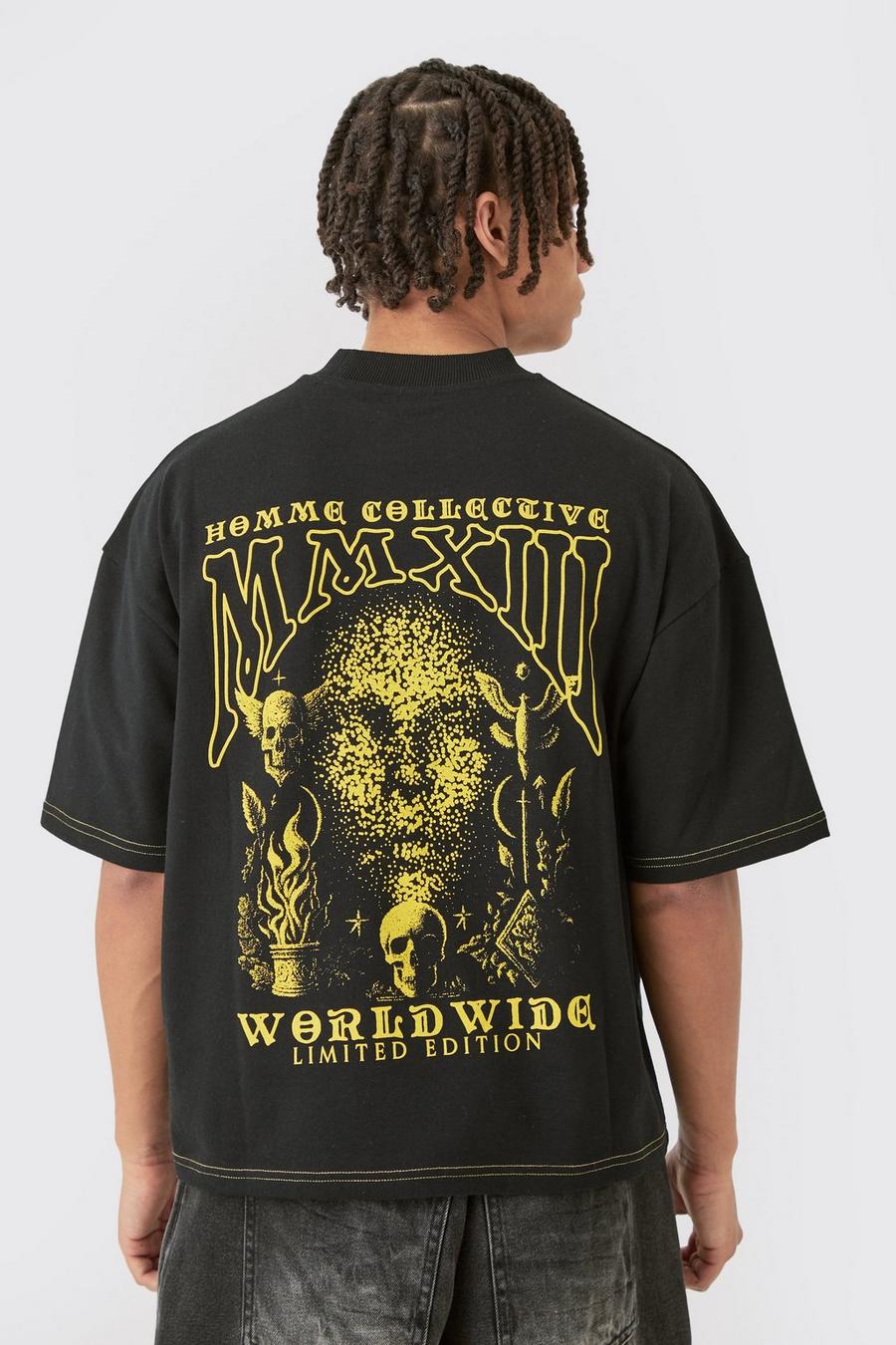 Black Oversized Boxy Contrast Stitch Printed Extended Neck T-shirt