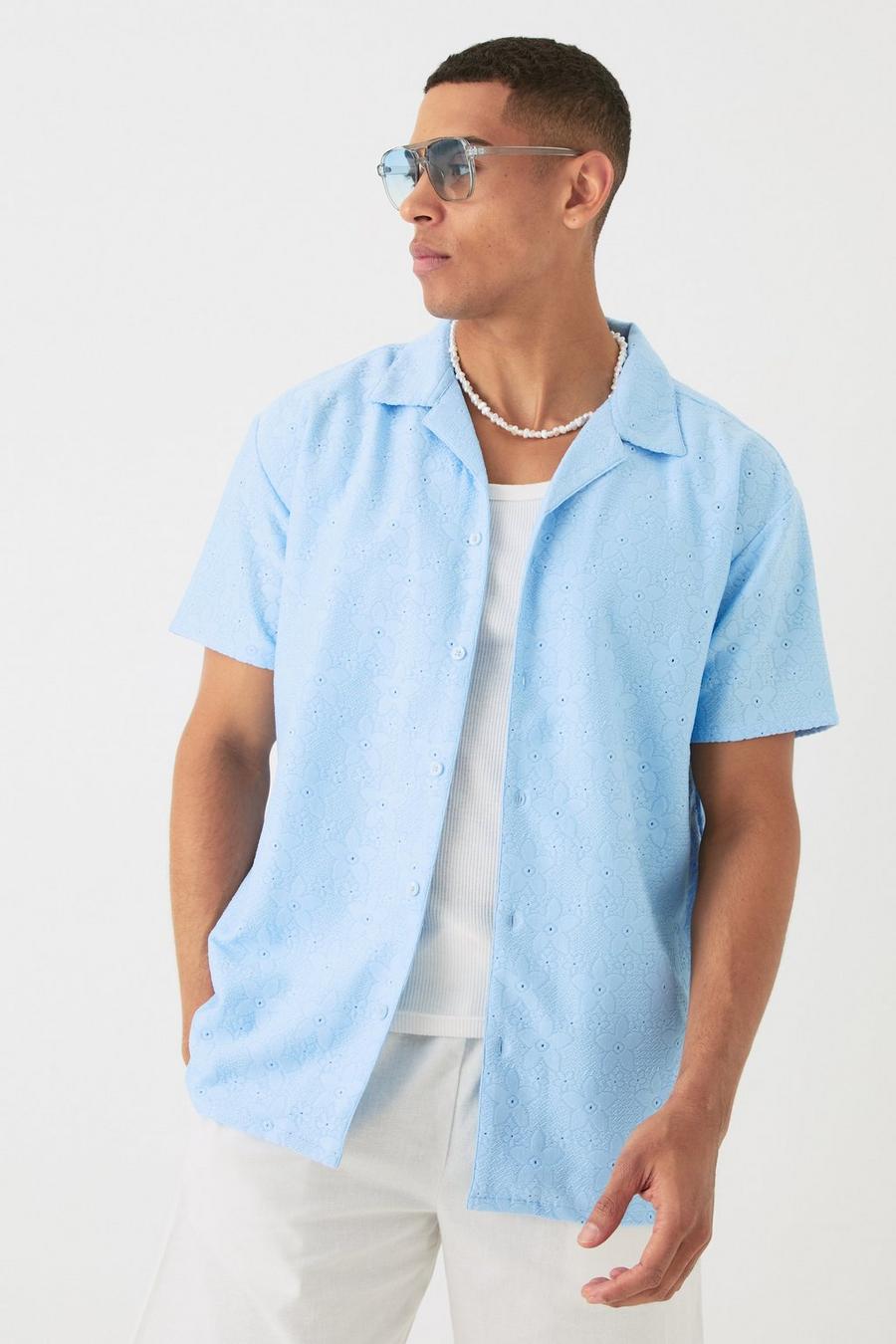 Camicia oversize in maglia traforata a fiori, Pale blue image number 1
