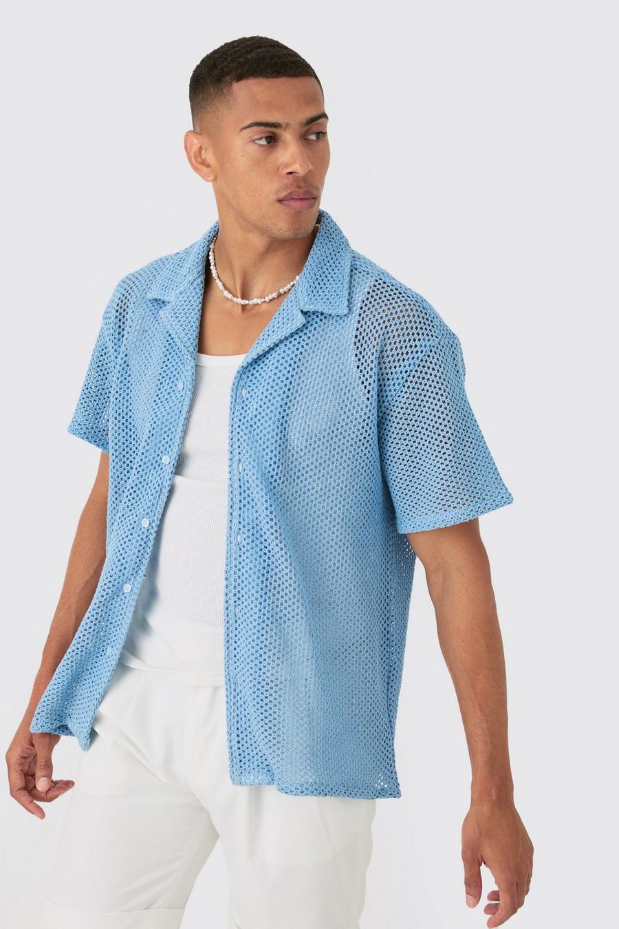 Camicia squadrata in maglia traforata, Pale blue
