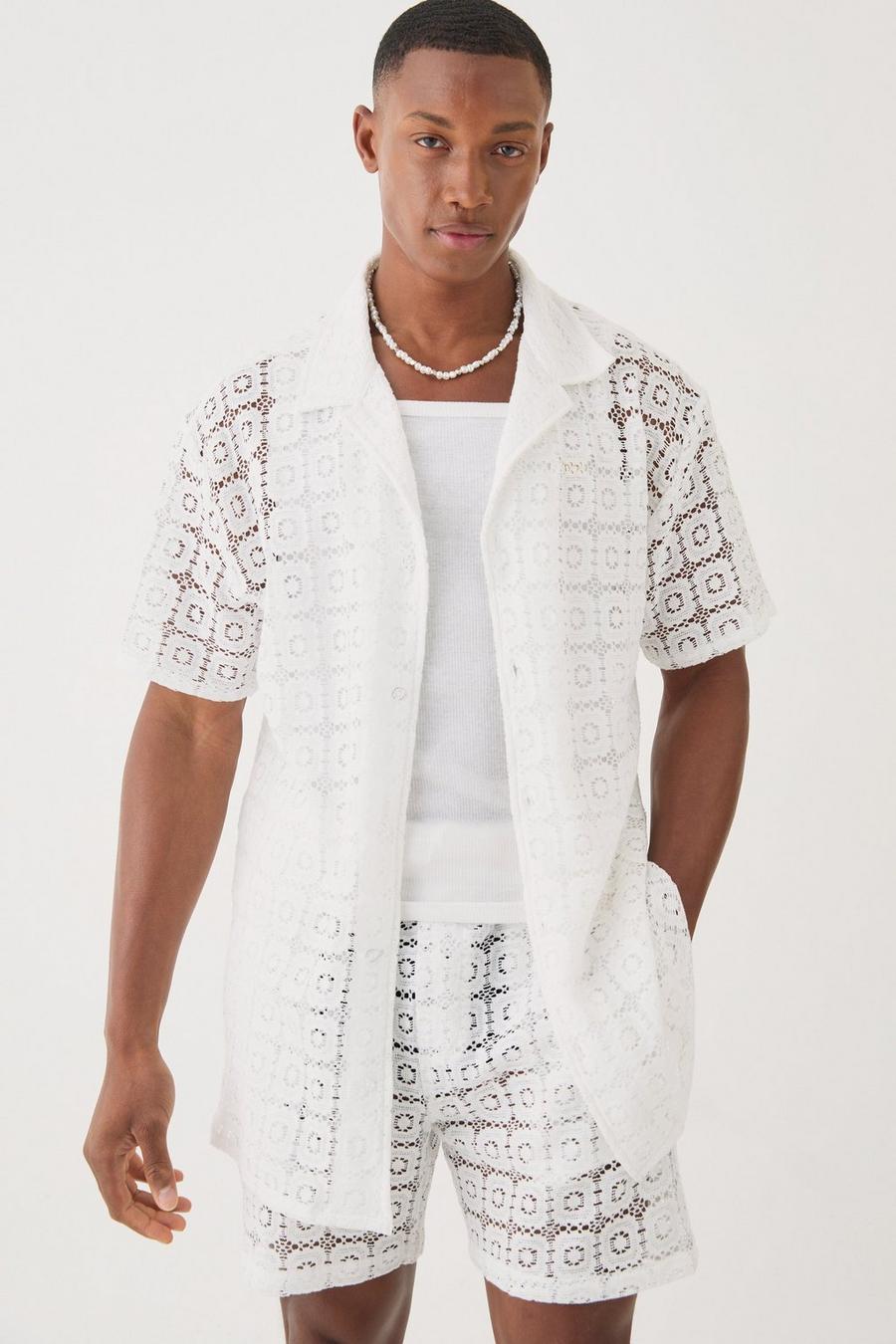 White Oversized Open Weave Lace Shirt image number 1