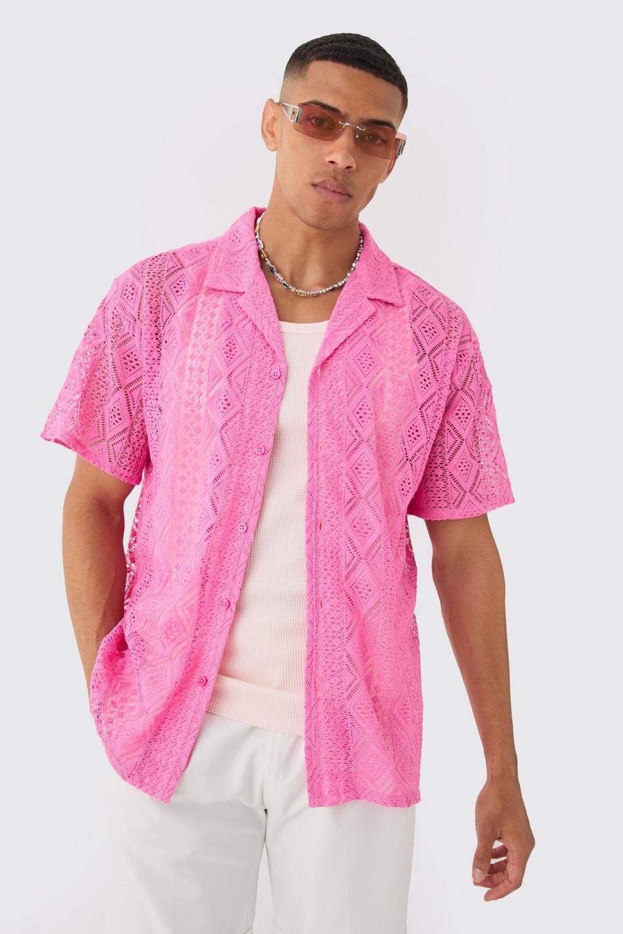 Camicia squadrata effetto uncinetto, Hot pink