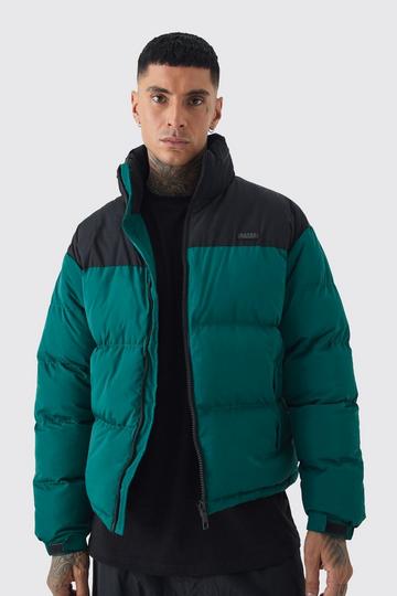 Tall Color Block Concealed Hood Puffer Jacket In Green green