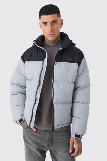 Tall Color Block Concealed Hood Puffer Jacket In Grey grey