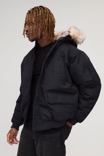 Black Tall Hooded Parka With Removeable Faux Fur Trim In Black