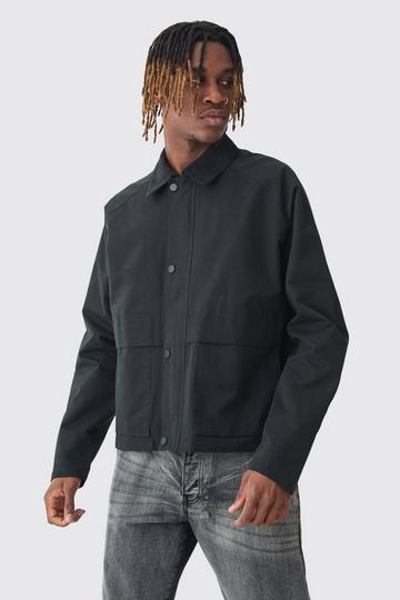 Black Tall Boxy Cord Collar Worker Jacket In Black