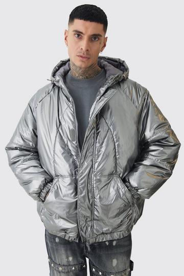 Tall Oversized Metallic Hooded Puffer Jacket In Charcoal charcoal