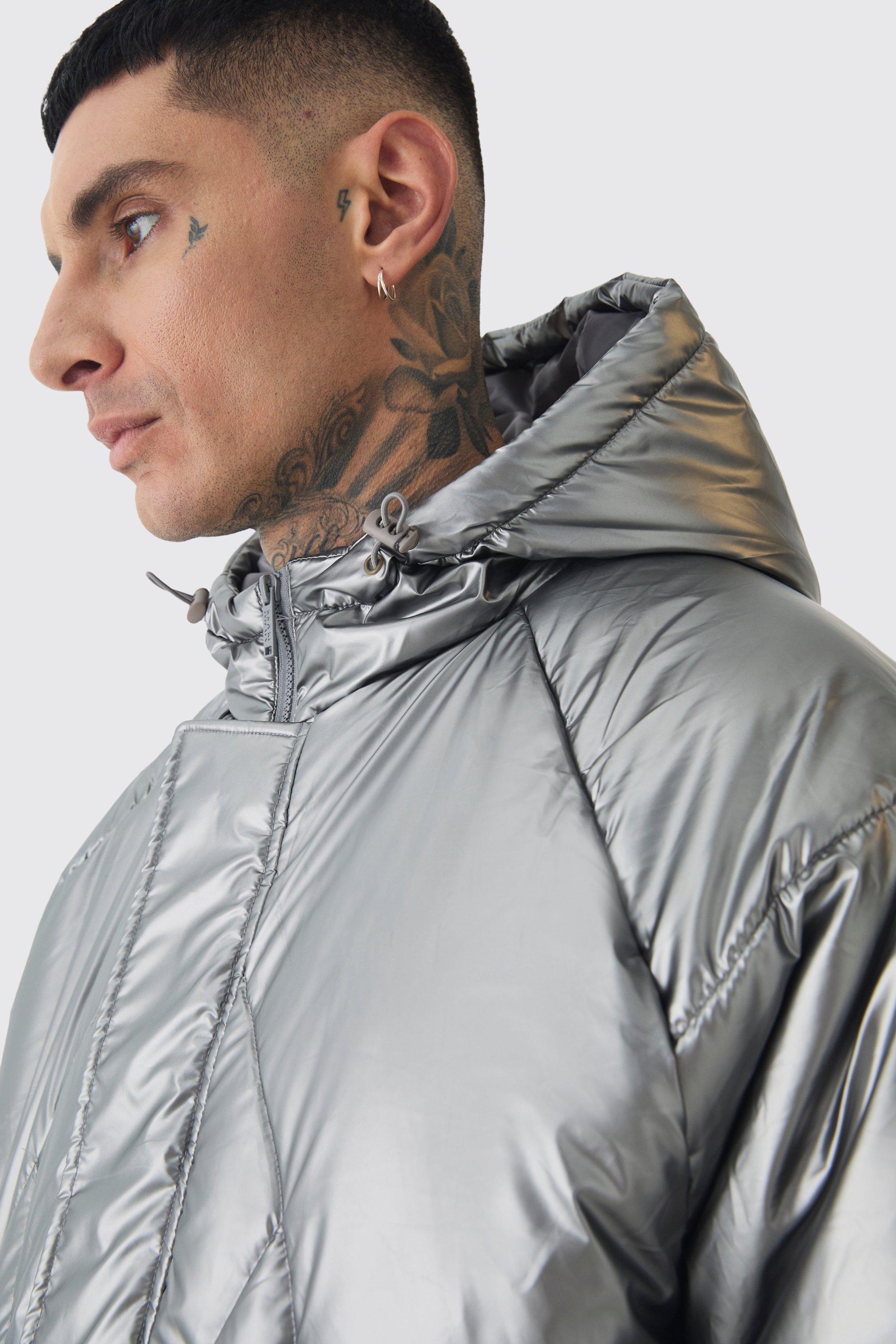 Tall Oversized Metallic Hooded Puffer Jacket In Charcoal