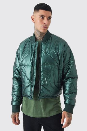 Green Tall Boxy Metallic Abstract Quilted Bomber Jacket In Green