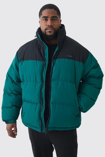 Plus Color Block Concealed Hood Puffer Jacket In Green green