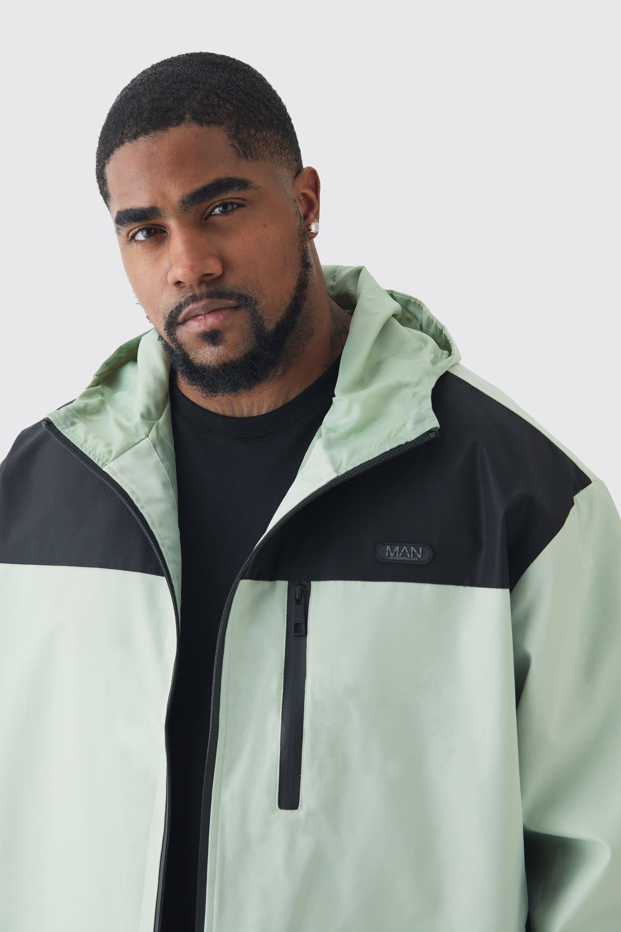 Plus Oversized Color Block Hooded Windbreaker In Sage