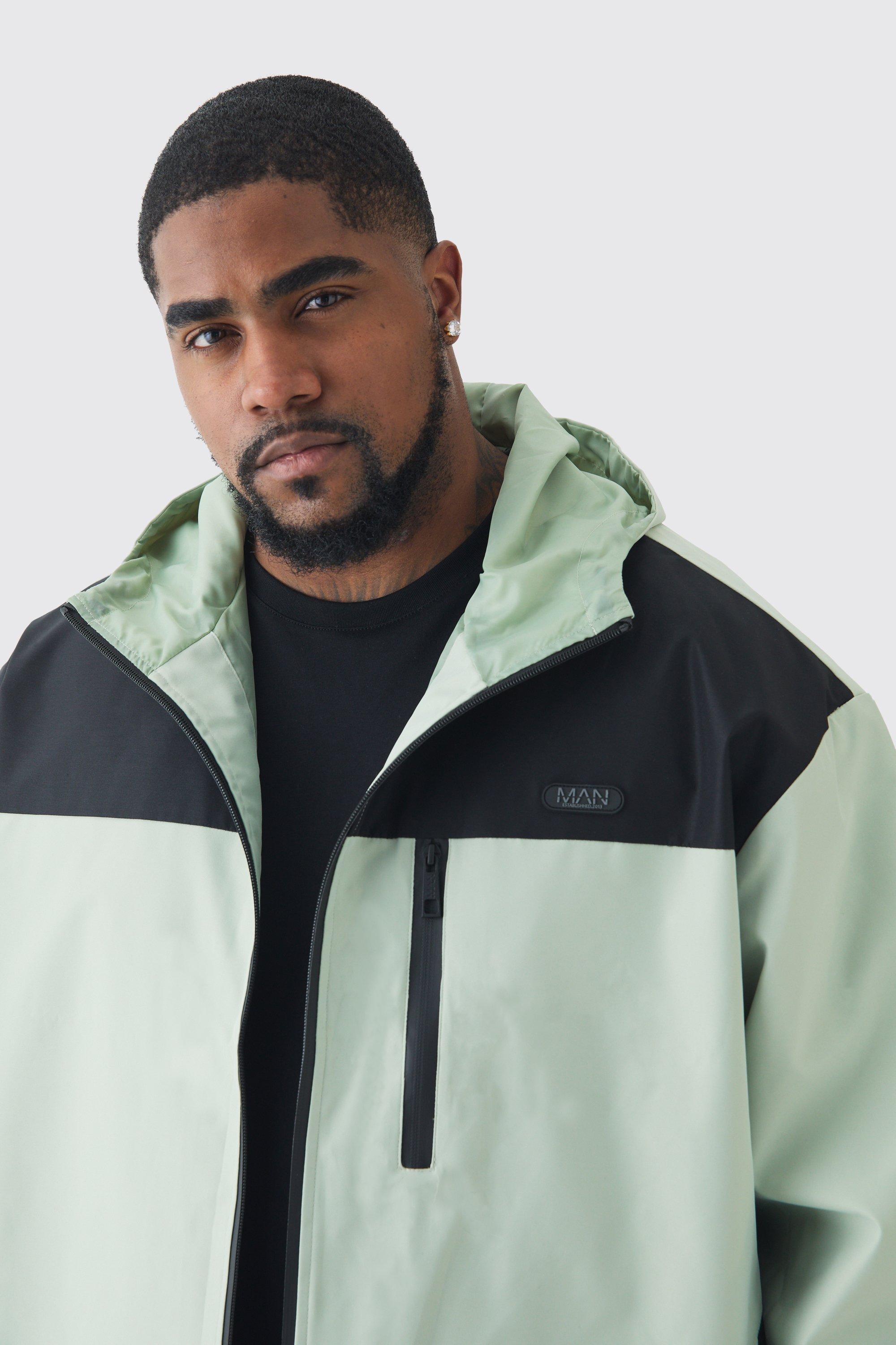 Plus Oversized Color Block Hooded Windbreaker In Sage