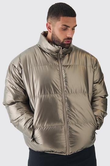 Plus Metallic Funnel Neck Puffer Jacket In Bronze bronze