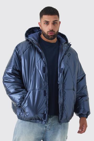 Plus Oversized Metallic Hooded Puffer Jacket In Navy navy