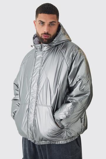 Plus Oversized Metallic Hooded Puffer Jacket In Charcoal charcoal