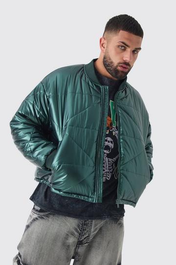 Green Plus Boxy Metallic Abstract Quilted Bomber Jacket In Green